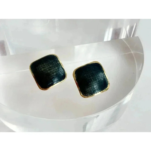 Vintage Deep Emerald Green Plaid Enamel Gold Toned Retro 80's Stud Earrings - Picture 2 of 6